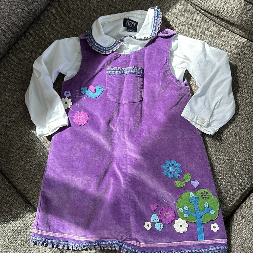 The Children’s Place Stretch Girls Purple Jumper Dress and White Long Sleeve 3T